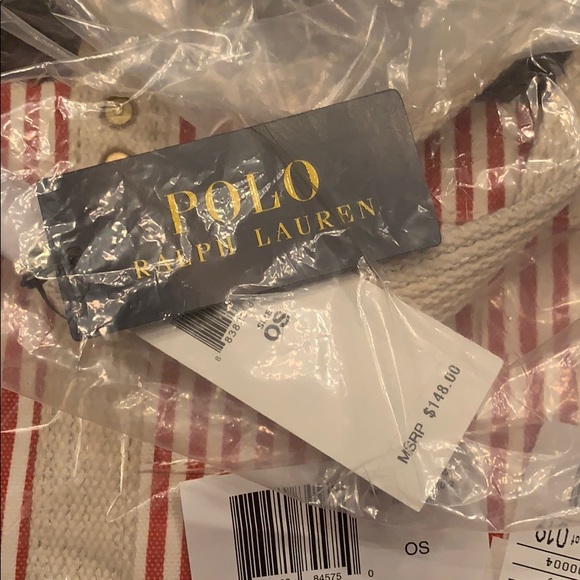 NWT POLO RALPH LAUREN Canvas Striped Med Tote Red - Picture 8 of 8